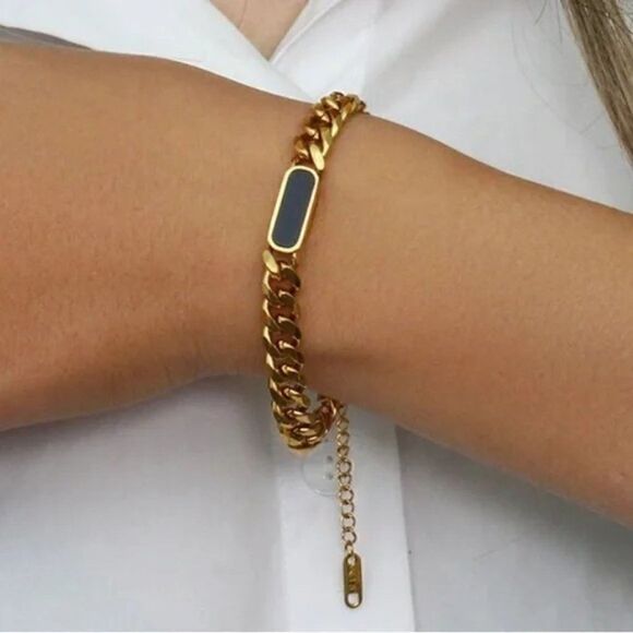 New Chunky 18k Gold Plated Cuban Chain Black Shell Bracelet - Picture 2 of 12